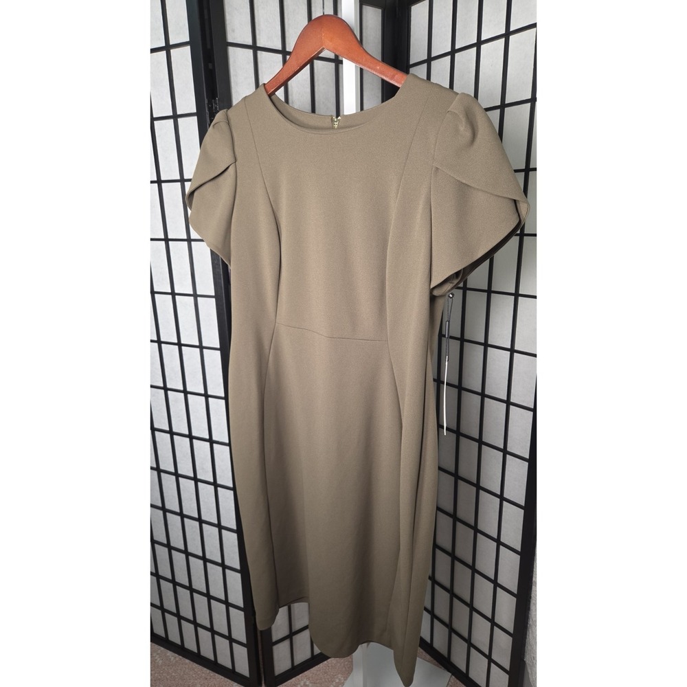 Calvin Klein Minimalist Boss‎ Lady Olive Petal Sleeve Sheath Dress Size 14